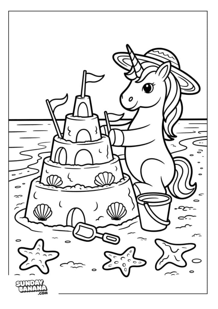Unicorn wearing beach hat building sandcastles by the beach with bucket, shovel, seashells and starfish nearby Unicorn coloring page