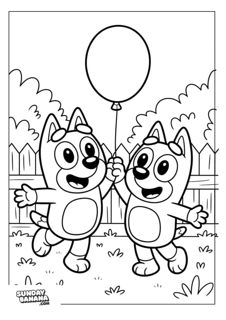 Bingo and Bluey playing with balloon coloring page