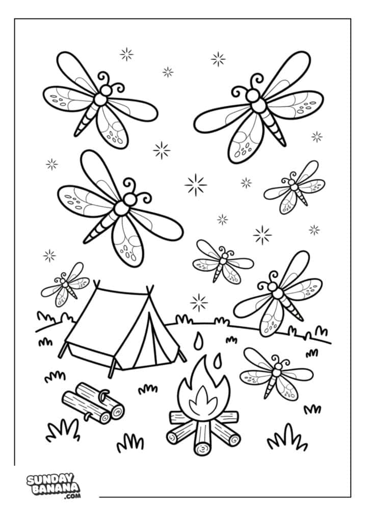 Fireflies dancing around campsite camping coloring page
