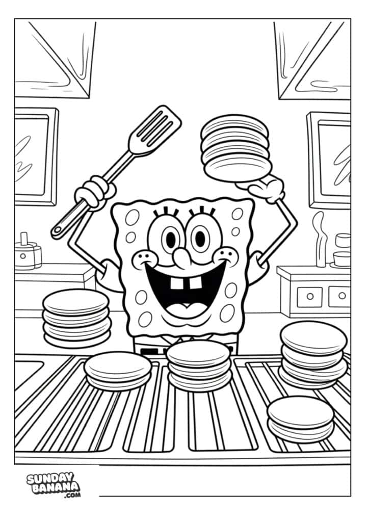 Spongebob flipping krabby patties coloring page