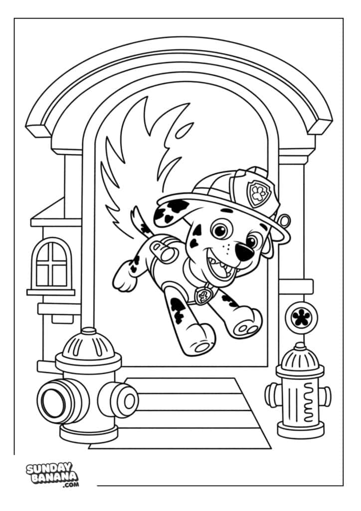 Marshall jumping out of firehouse Paw Patrol coloring page