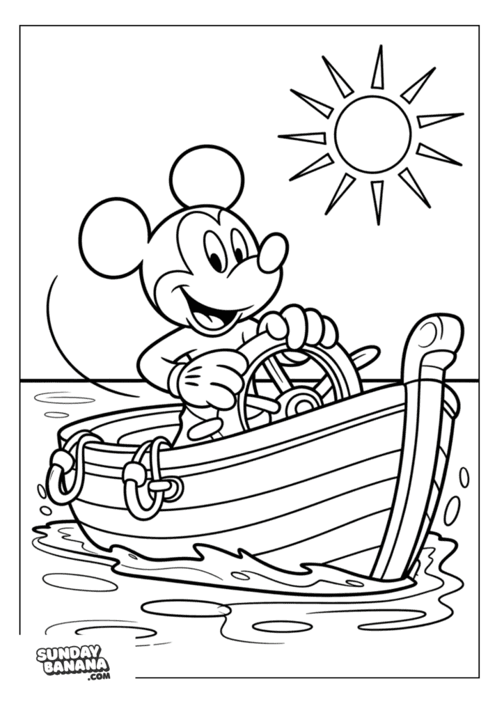 Mickey Mouse steering boat on the sea with sun shining Mickey Mouse coloring page