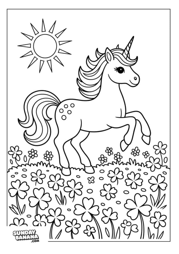 Unicorn prancing in flower meadow with sunshining above Unicorn coloring page