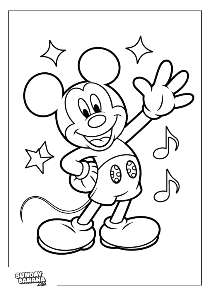 Mickey Mouse waving hi with sparkles, stars and music notes around him coloring page