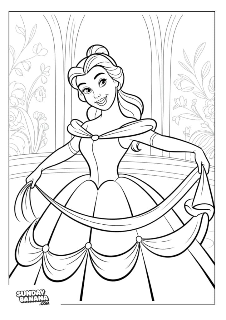 Belle wearing ball gown Beauty and the beast coloring page