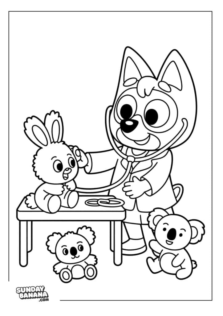 Bluey playing doctor examining stuffed toys coloring page