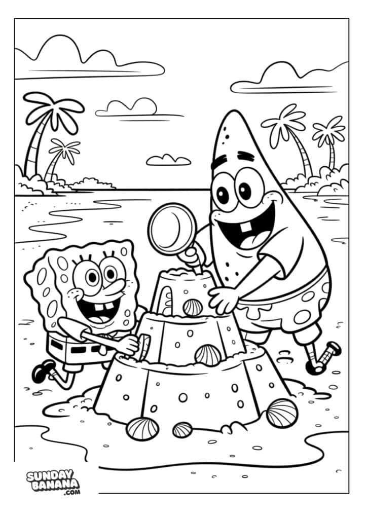 Spongebob and Patrick building sandcastle at the beach coloring page