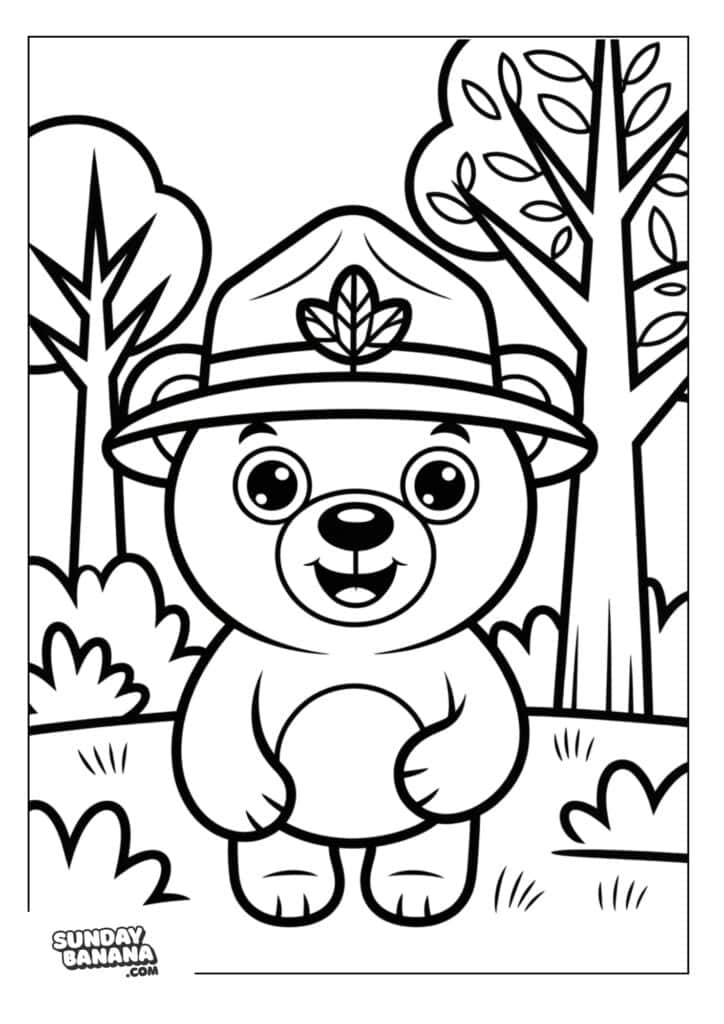 Cute cartoon bear wearing ranger hat camping coloring page