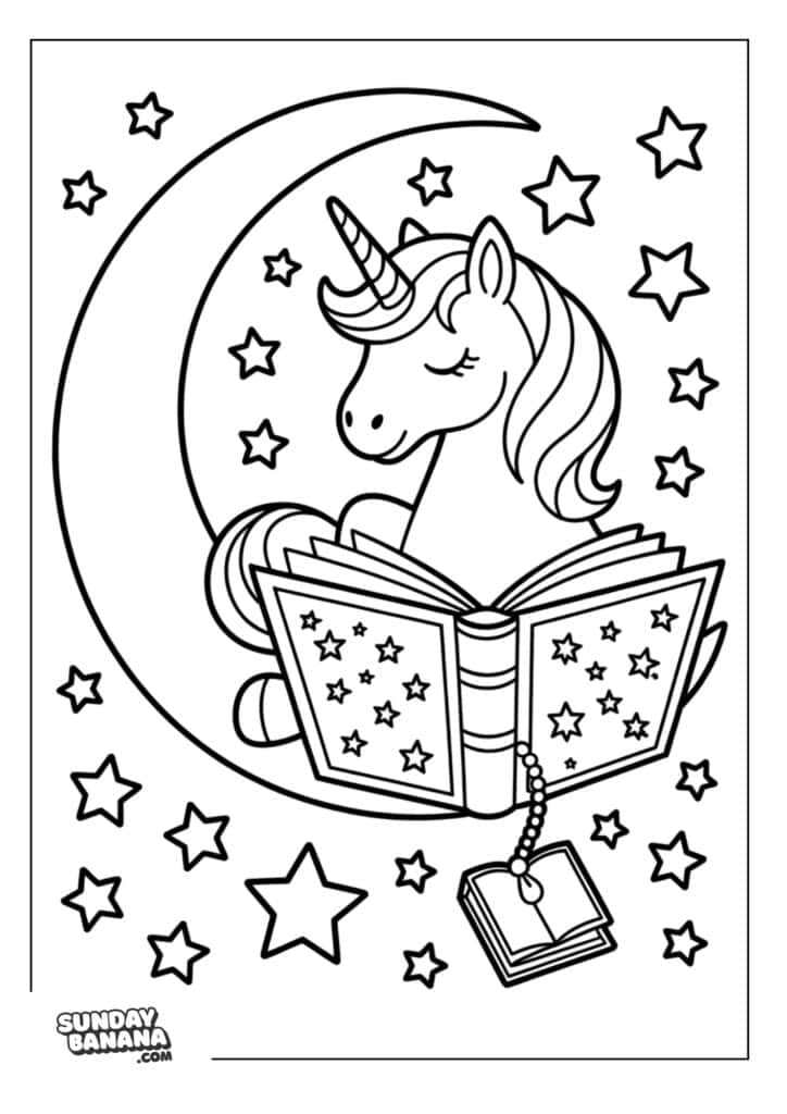 Unicorn reading a magical book while sitting on a crescent moon surrounded by stars Unicorn coloring page