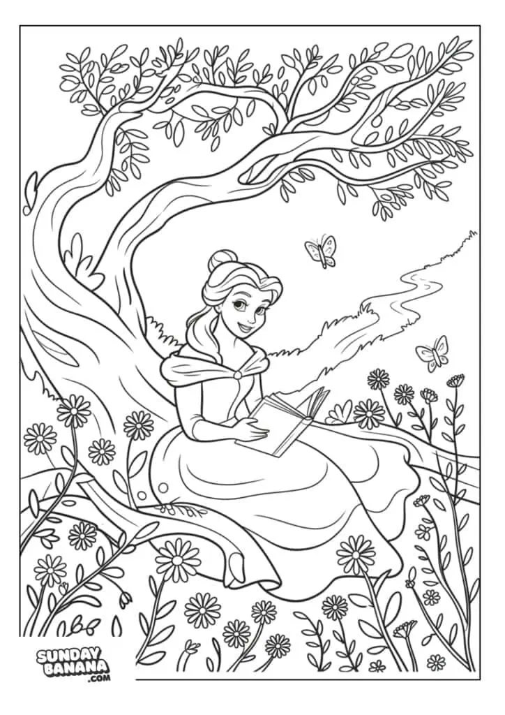 Belle reading under a tree surrounded by flowers and butterflies coloring page