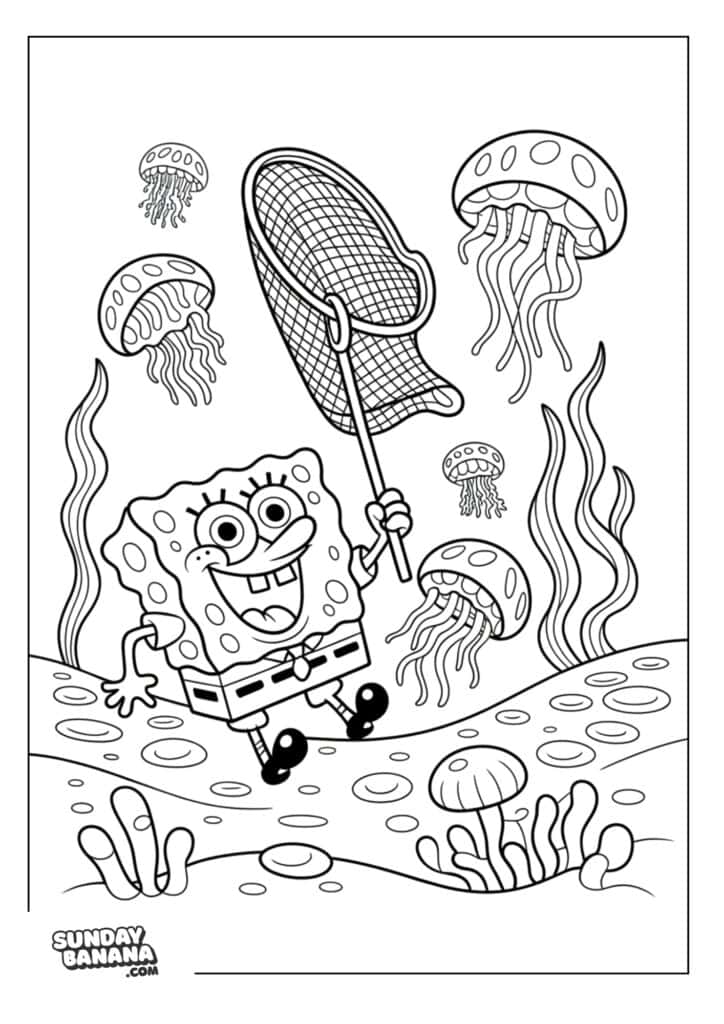 Spongebob trying to catch jellyfish with net coloring page