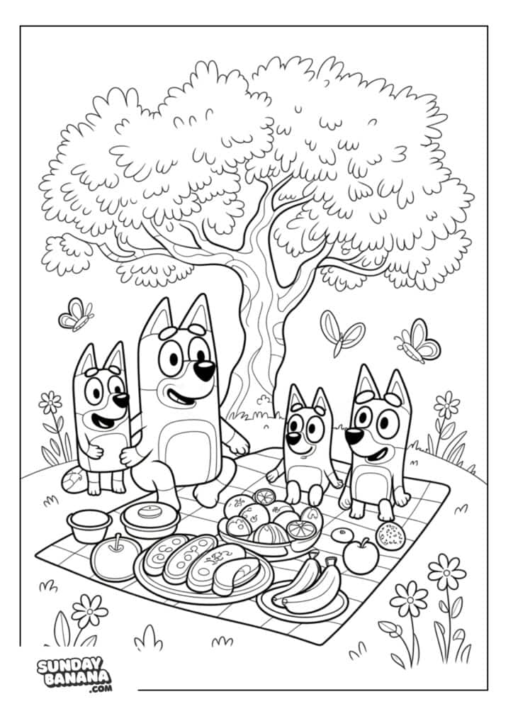 Heeler family picnic with lots of food near a tree with flying butterflier around coloring page