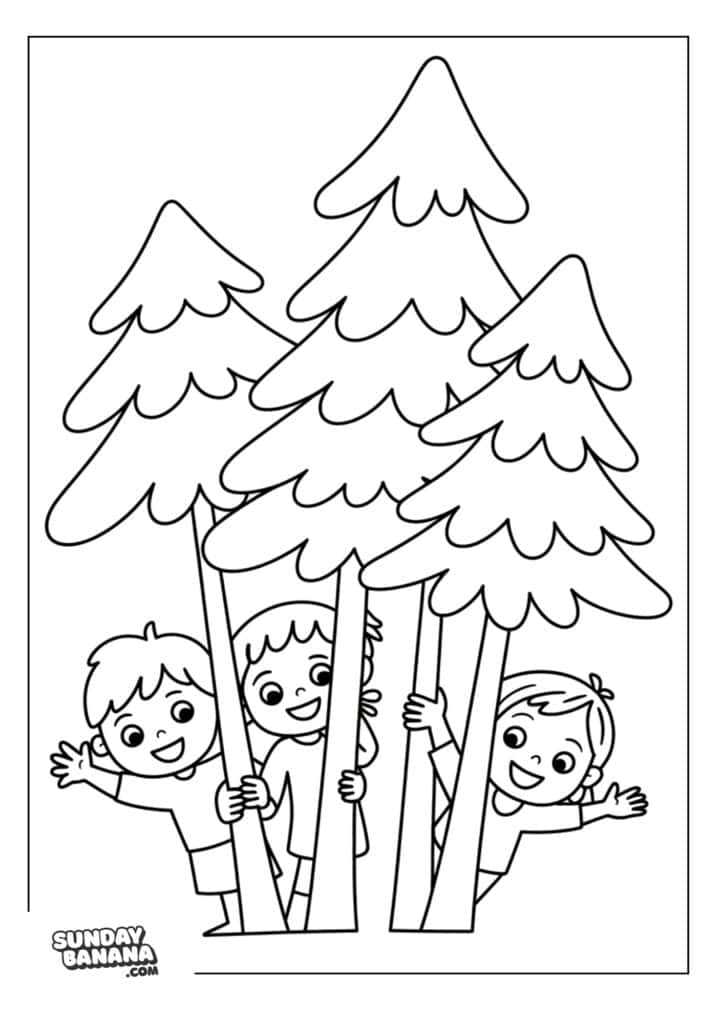 Children playing hide and seek among trees camping coloring page