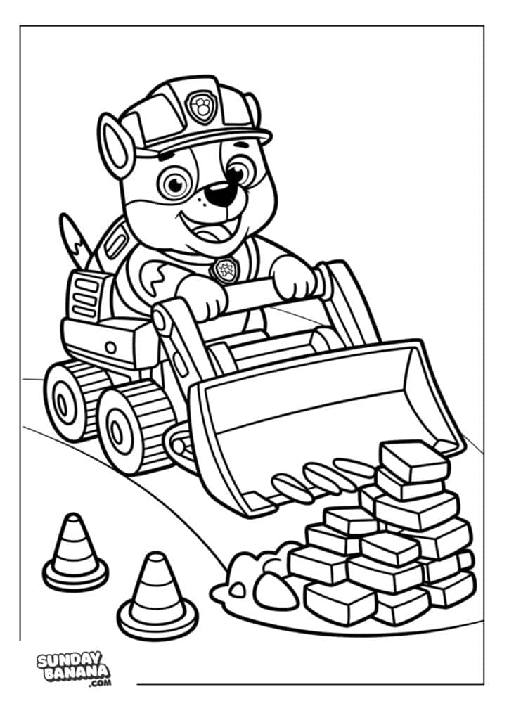 Rubble driving bulldozer with bricks and cones nearby Paw Patrol coloring page