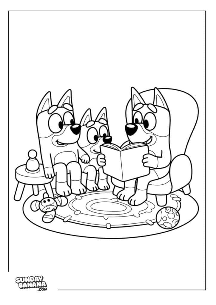 Chilli reading bedtime story to Bingo and Bluey coloring page