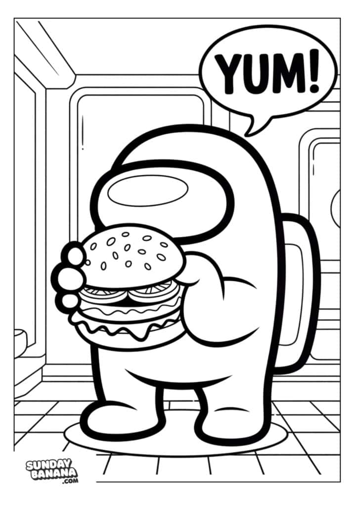 Crewmate eating burger with speech bubble saying Yum! Among Us coloring page