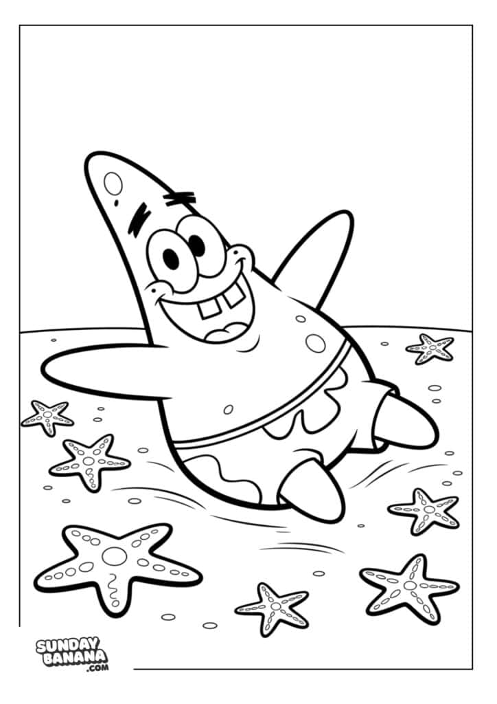 Happy Patrick laying with starfishes Spongebob coloring page