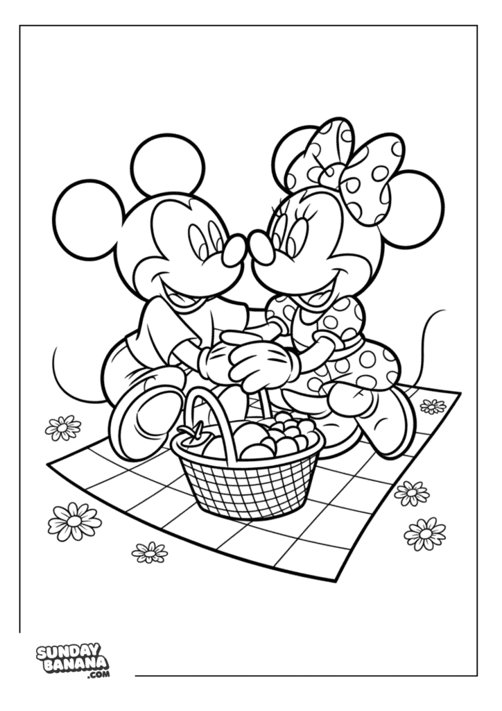 Mickey Mouse and Minnie Mouse having a picnic with fruit basket and flowers Mickey Mouse coloring page