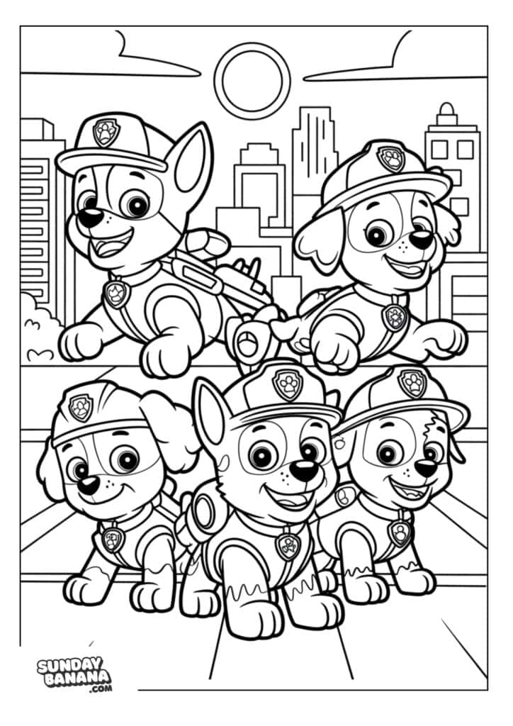 Paw Patrol pups group pose with city skyline background Paw Patrol coloring page