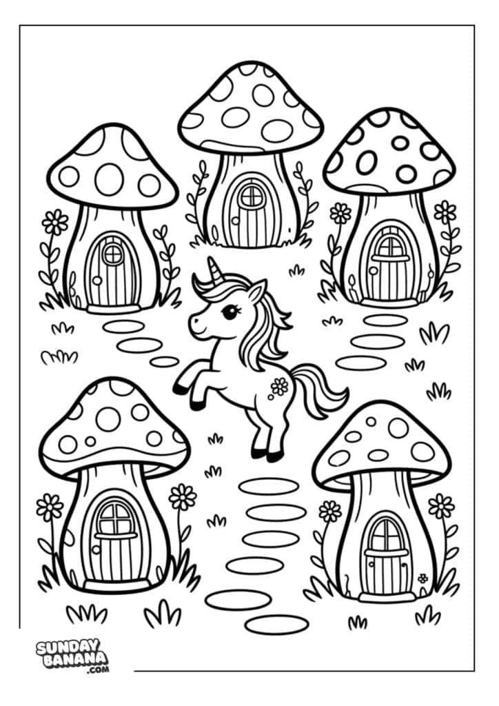 Happy unicorn prancing in cute mushroom village with little doors Unicorn coloring page