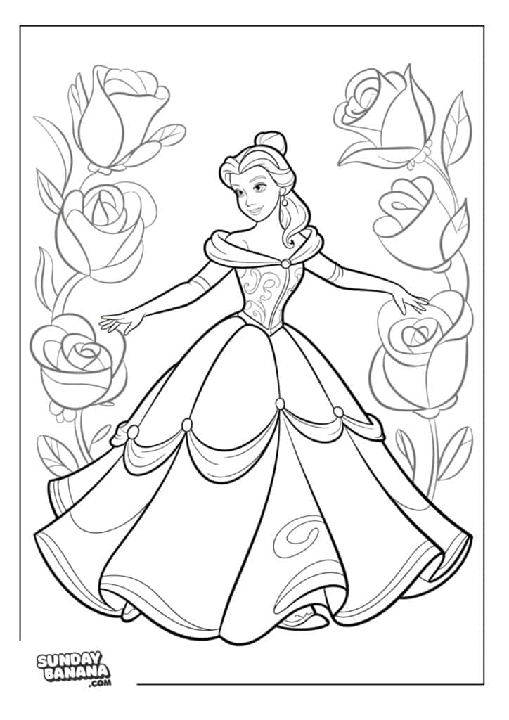 Belle in evening gown surrounded by rose motifs coloring page