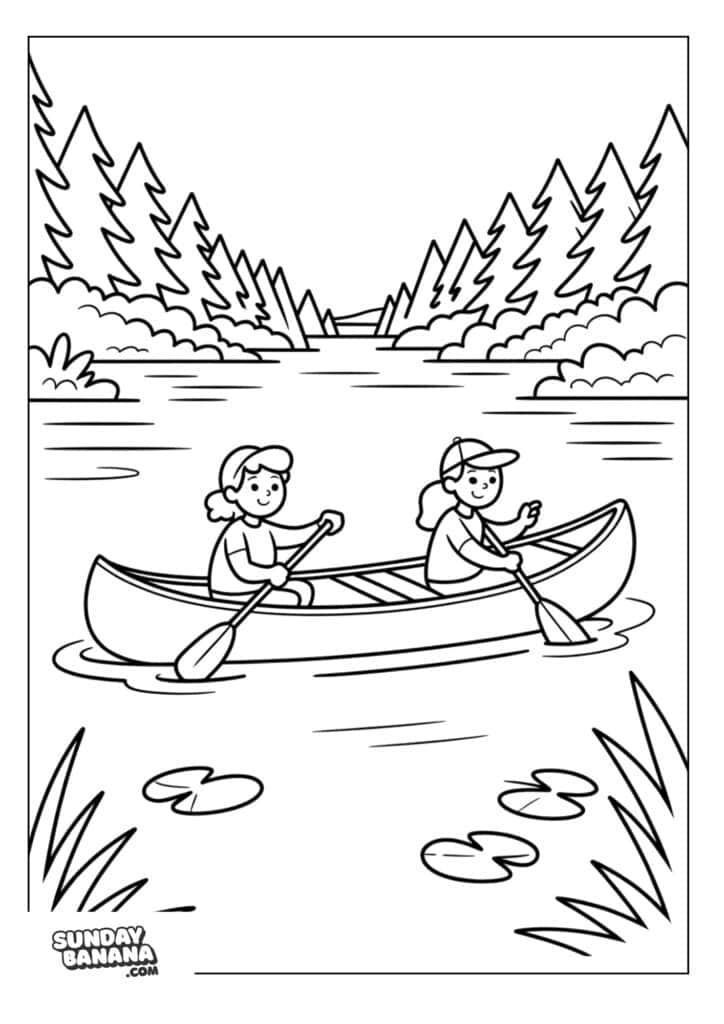 Two cartoon girls canoeing on lake camping coloring page
