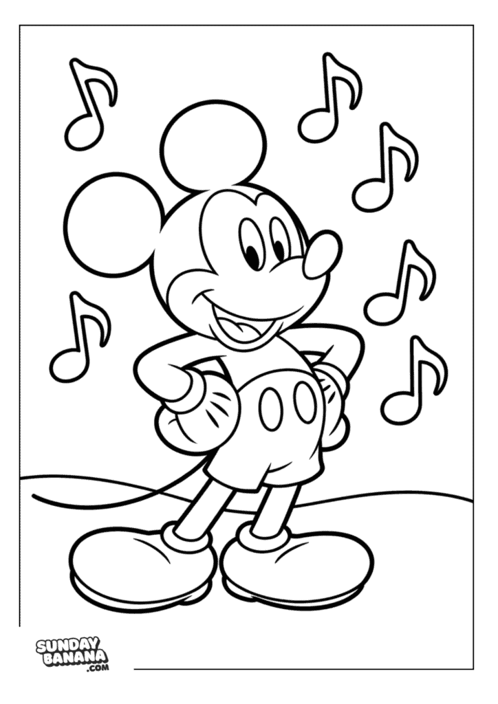 Mickey Mouse smiling with hands on hip and floating music notes coloring page for kids