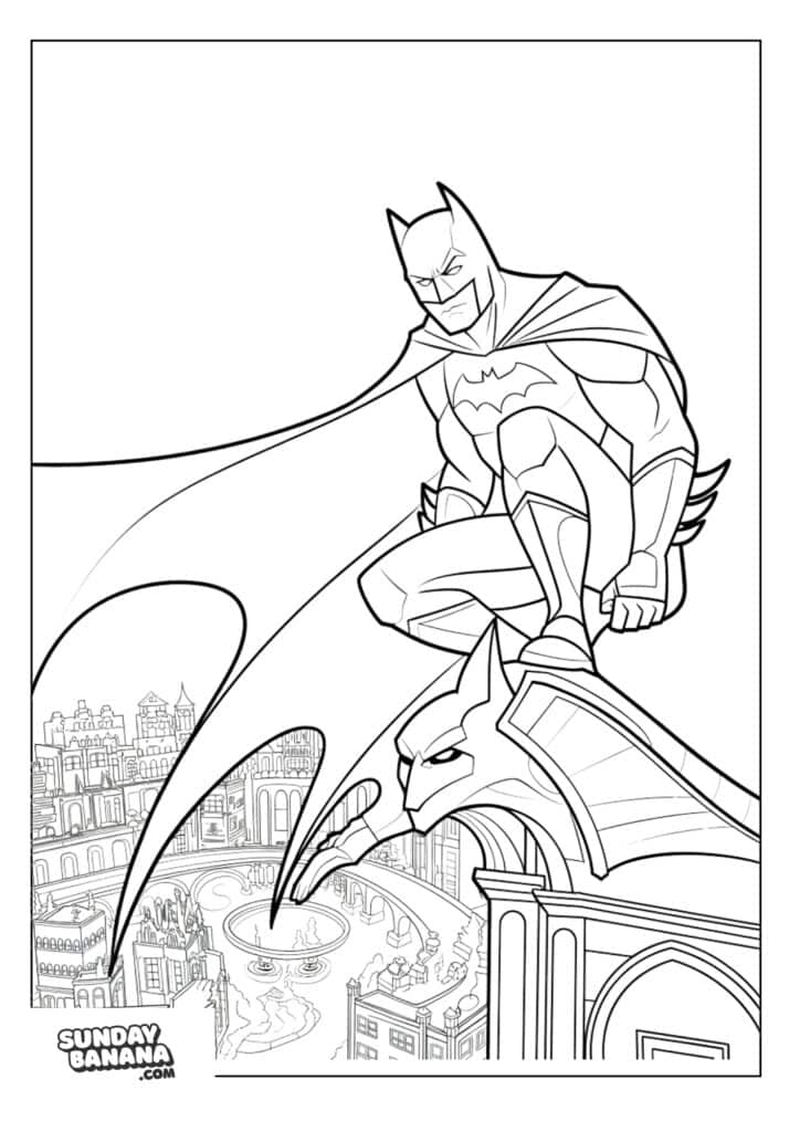 Batman perched on gargoyle of building overlooking Gotham city coloring page