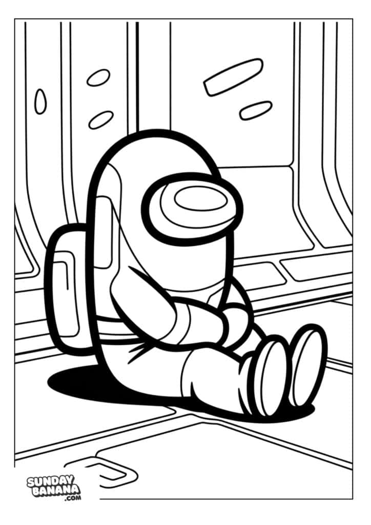 Among Us crewmate sitting and resting in spaceship corridor coloring page