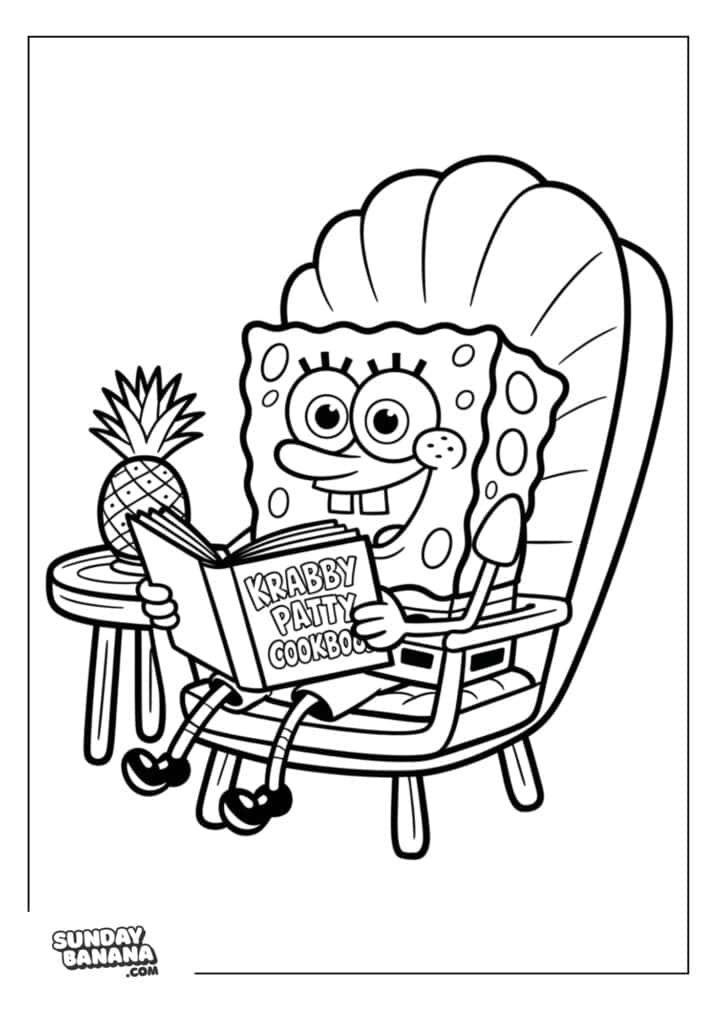 Spongebob reading krabby patty cookbook while sitting on chair next to pineapple coloring page