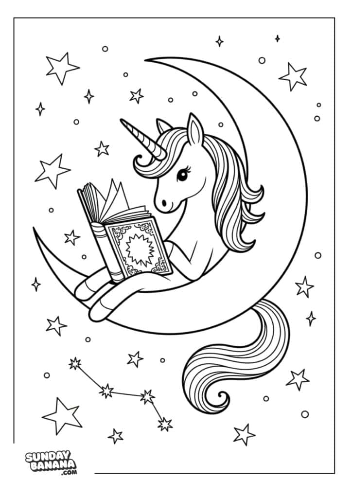 Unicorn sitting on crescent moon surrounded by stars reading a storybook unicorn coloring page