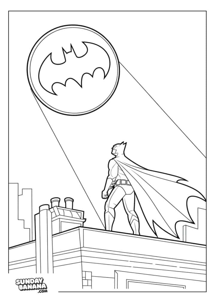 Batman looking up at Bat signal and answering it on top of building coloring page