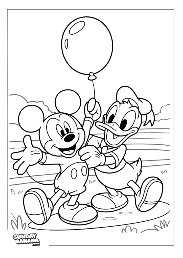 Mickey Mouse and Donald Duck holding a balloon and having a good time Mickey Mouse coloring page