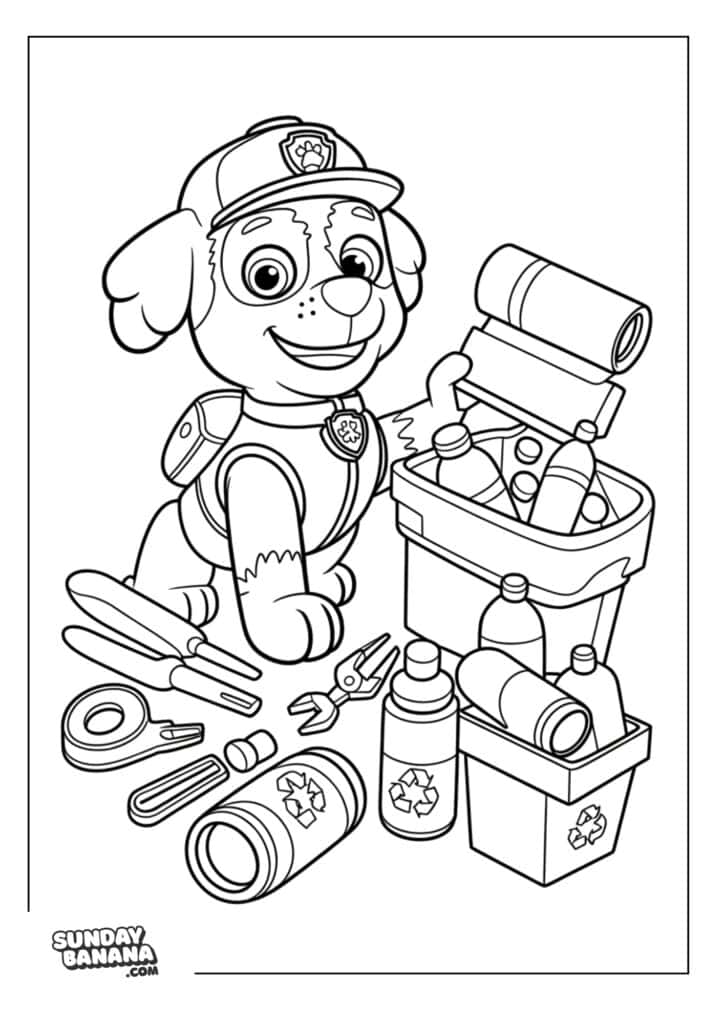Rocky sorting recyclables Paw Patrol coloring page for kids