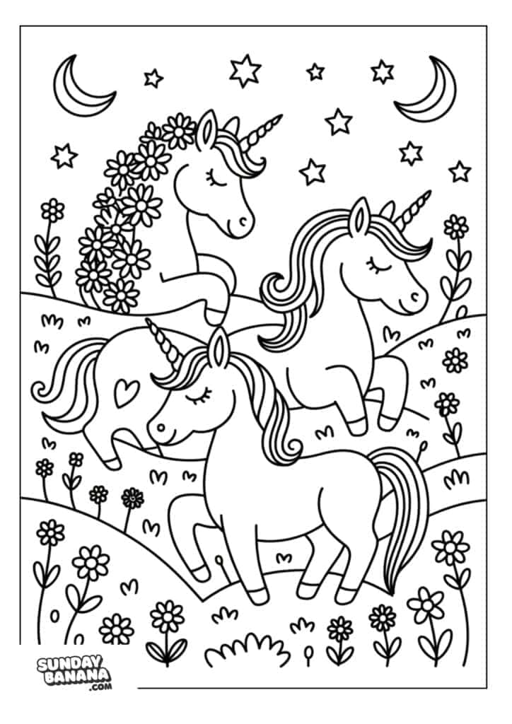 Unicorns in flower meadow at night with moon and stars coloring page for kids