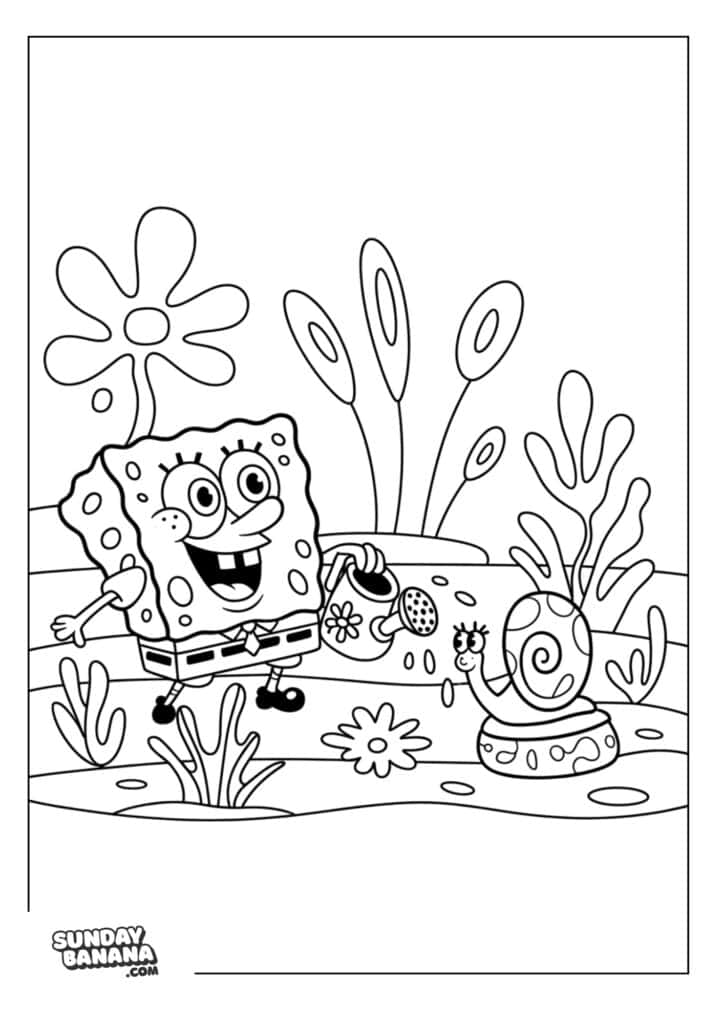 Spongebob watering his pet snail Gary coloring page