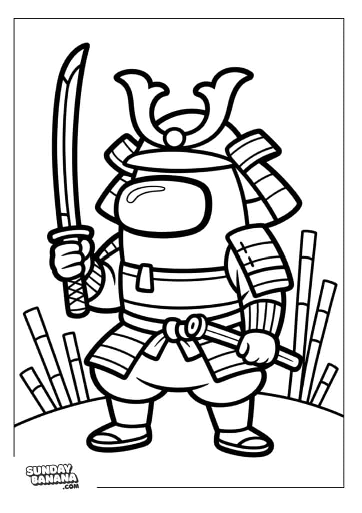Among Us crewmate wearing samurai armor and holding samurai sword coloring page