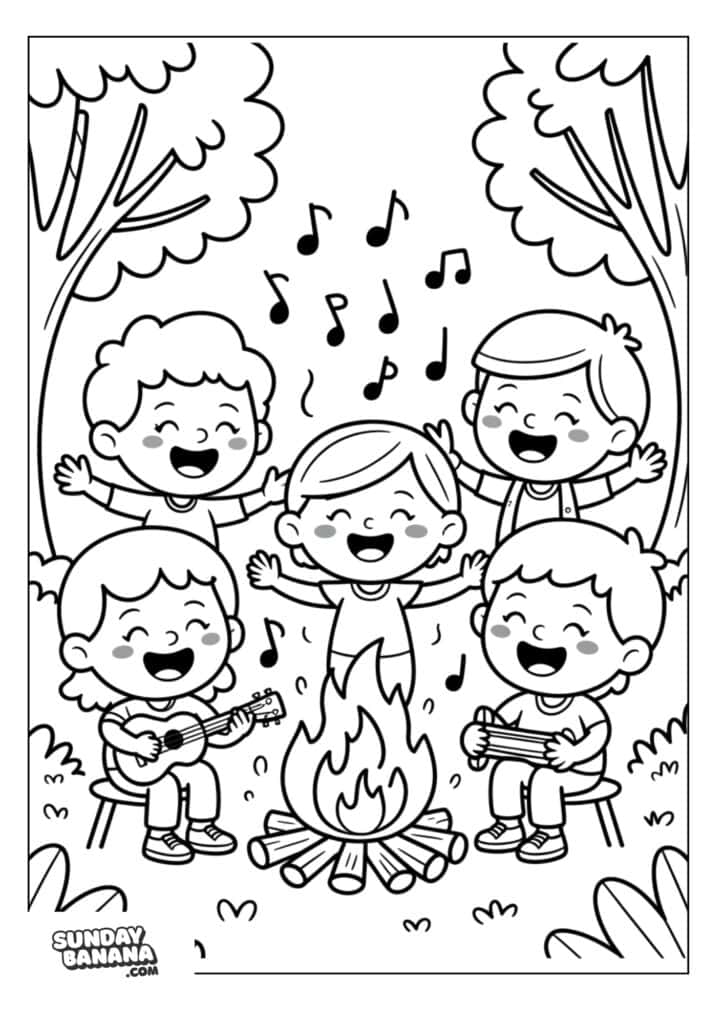 Children singing around campfire camping coloring page