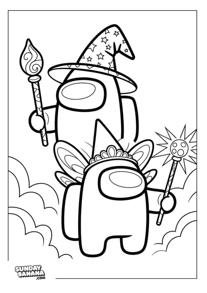 One crewmate wearing wizard hat and holding wand and another crewmate wearing tiara with fairy wings and wand Among Us coloring page
