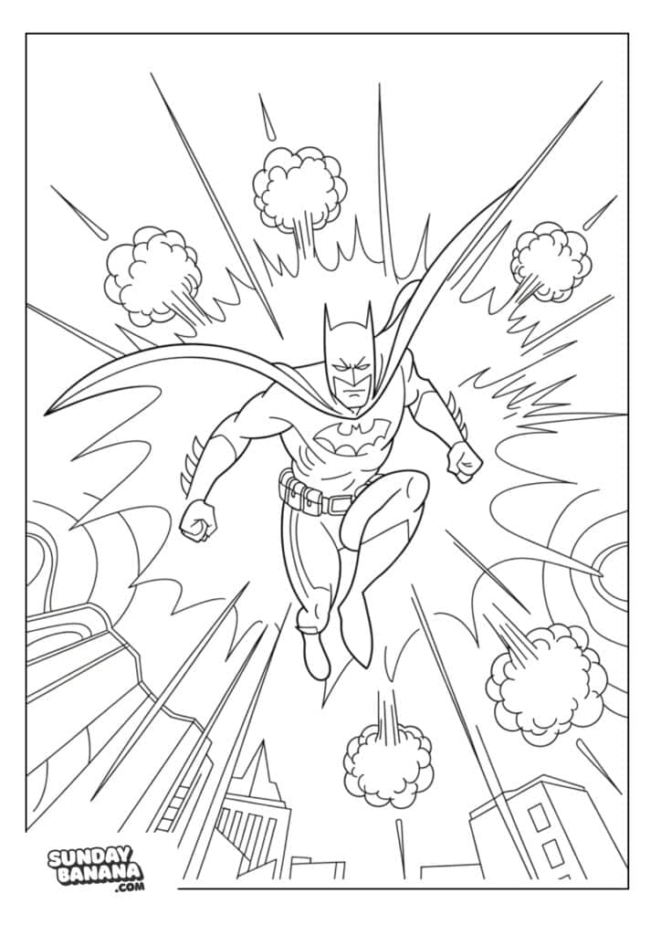 Batman dodging explosions coloring page