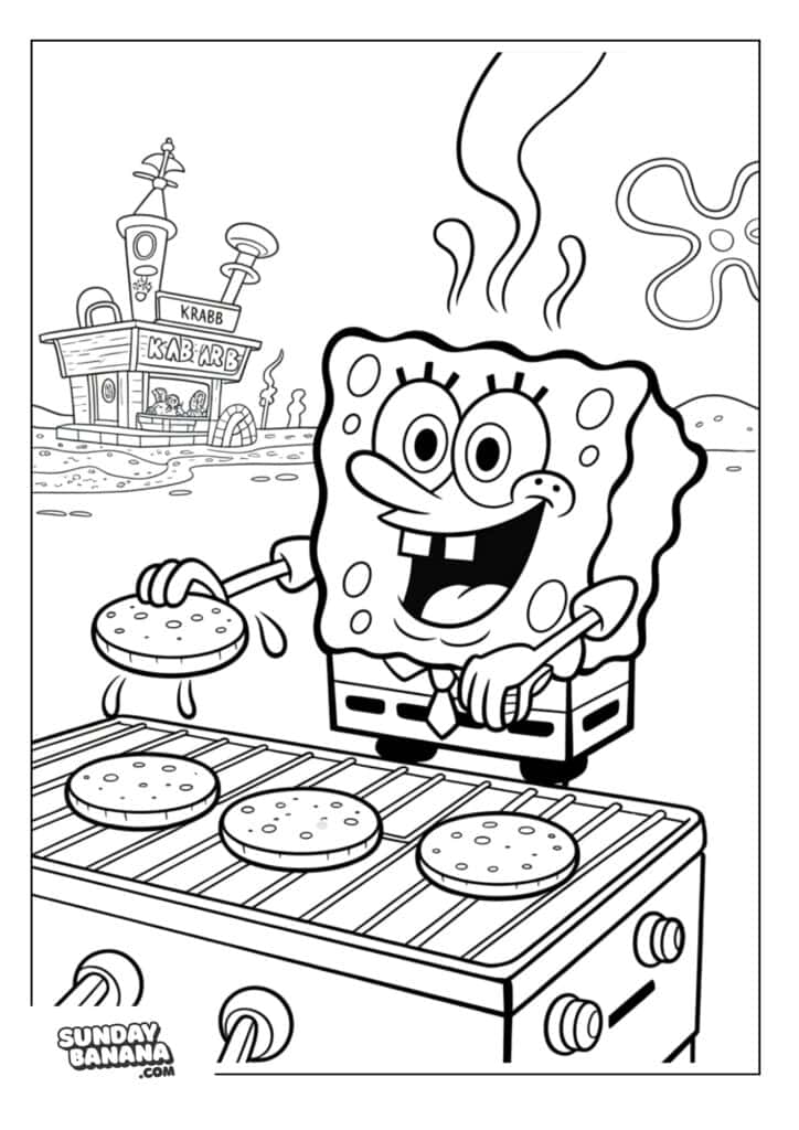 Spongebob grilling krabby patties coloring page