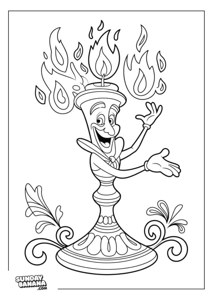 Lumiere looking fiery Beauty and the beast coloring page
