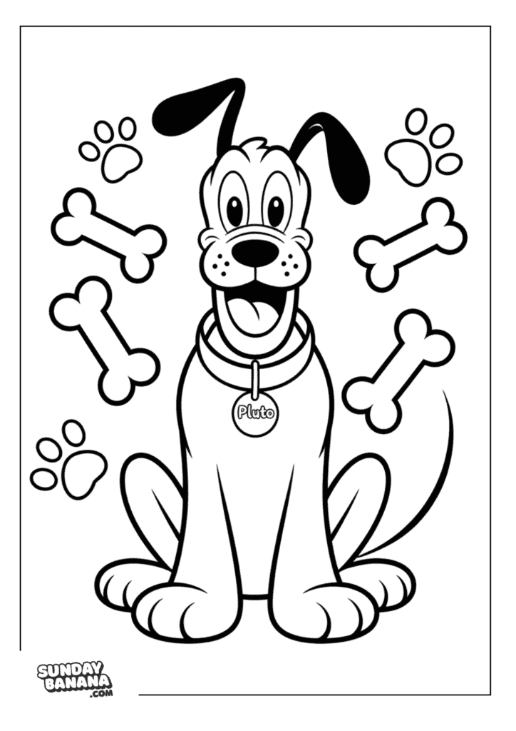 Pluto sitting and happy with dog bone and paw prints around him Mickey Mouse coloring page