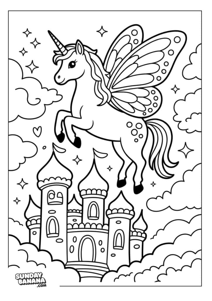 Unicorn with butterfly wings flying over castle surrounded by clouds unicorn coloring page