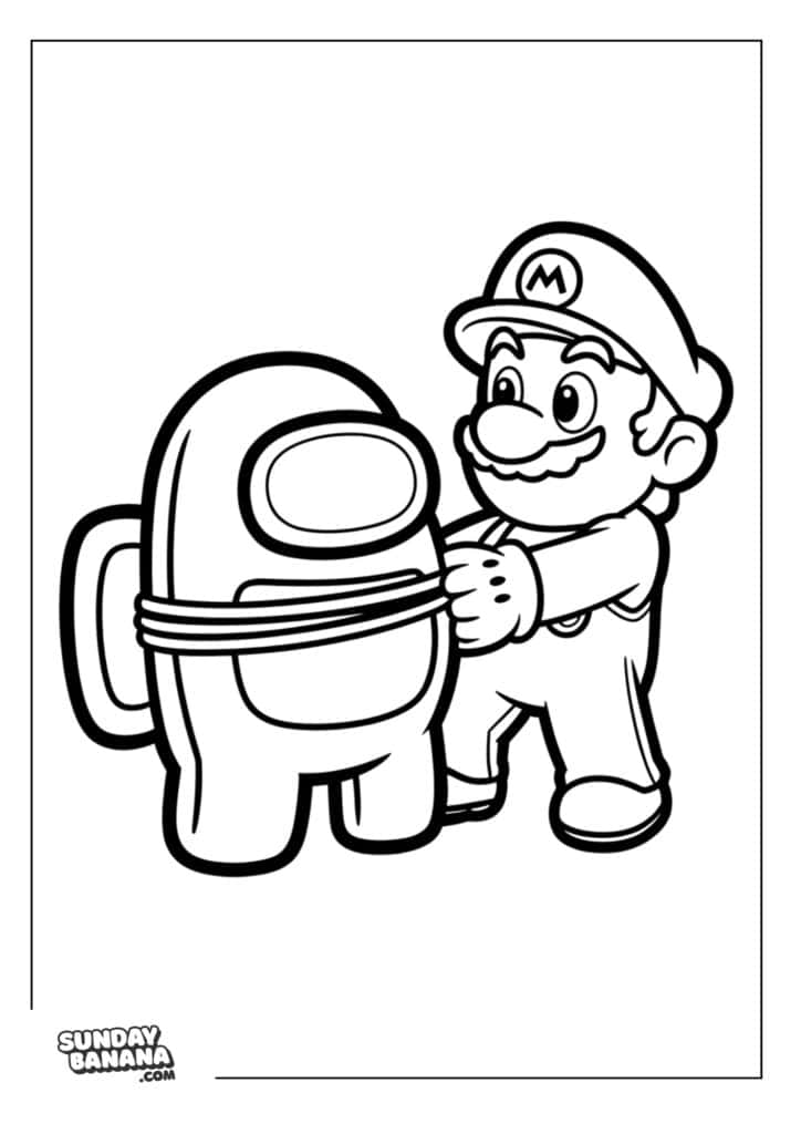 Among Us crewmate kidnapped by Mario coloring page
