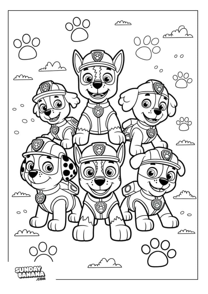 Paw Patrol pups superhero pose with paw prints and clouds around Paw Patrol coloring page