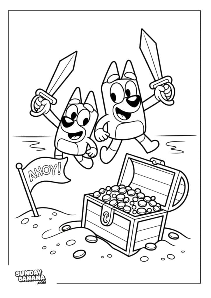Bluey and Bingo playing pirates holding wooden sword by the beach with treasure cheat and a flag saying AHOY! coloring page