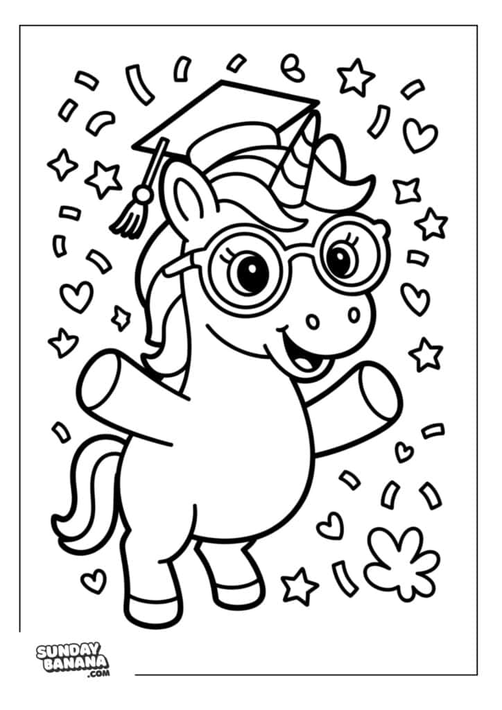 Smart and happy looking unicorn wearing glasses and graduation hat with heart stars confetti around Unicorn coloring page