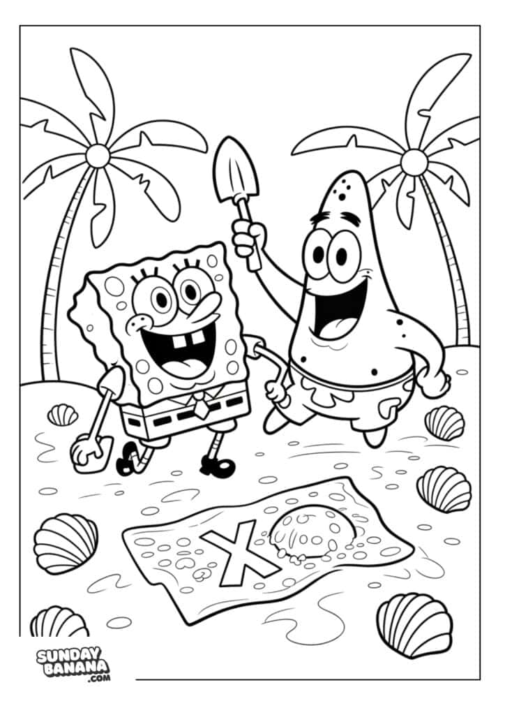 Patrick and Spongebob treasure hunting with treasure map coloring page