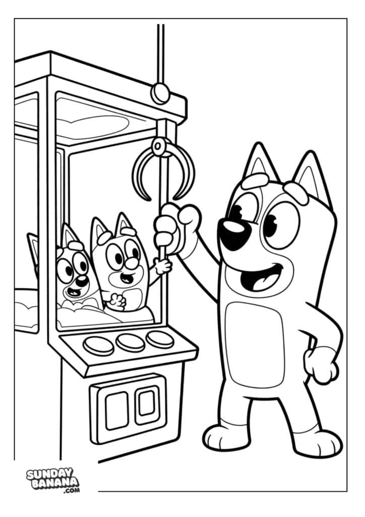 Bandit playing claw machine with the girls Bluey coloring page
